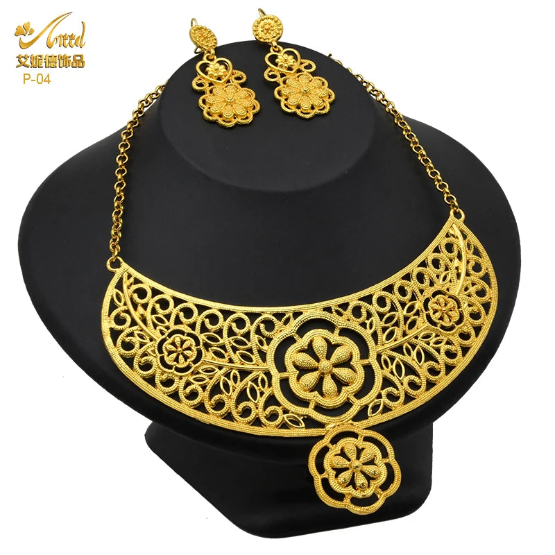 ANIID African Jewelry Set Big Necklace Dubai Ethiopian Gold Color Jewelery Earring Bracelet For Women Bridal Choker Wholesale