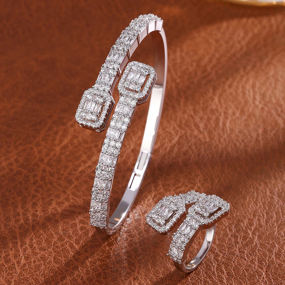 ZAKOL 9 Styles Slivery Open Bracelet Ring Jewelry Set Luxury Shiny Zircon Middle East Trendy Jewelry for Women Gift