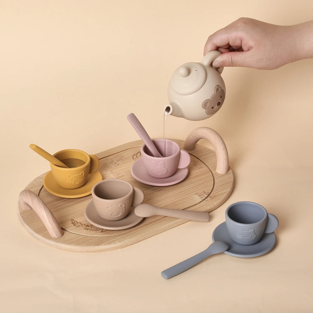 Kids Play House Toys Wooden Tea Set Pretend Make Tea Play With Teapot Teacup Afternoon Snack Role Playing Toys Boys Girls Gift