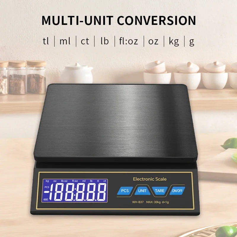 30kg/1g Digital Electronic Kitchen Scale Rechargeable Stainless Steel Household Food Scale Weight Balance with Counting Function