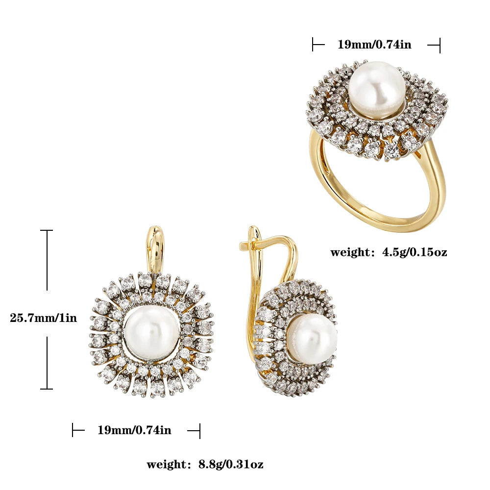 Women's Luxury Inlaid Zirconia Vintage Pearl Earrings Ring Set Copper Plated 14K Gold Fashion Jewelry Wedding Party Gift