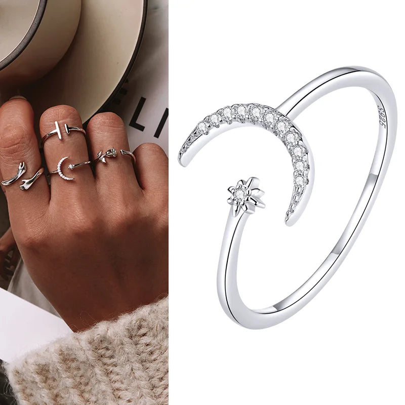 WOSTU Real 925 Sterling Silver Open Ring Finger Adjustable Size Wedding Rings For Women Engagement Fashion Silver Jewelry Gift