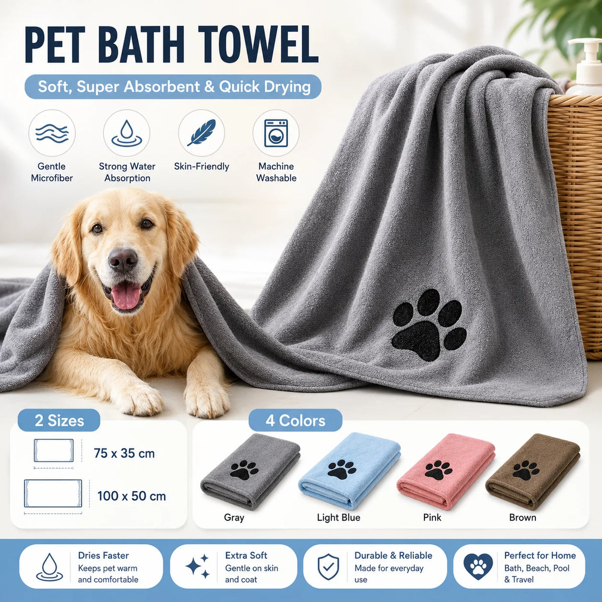 35*75cm/50*100cm Microfiber Pet Bath Towel Embroidered Super Soft Absorbent Cat for Dogs Grooming Supplies