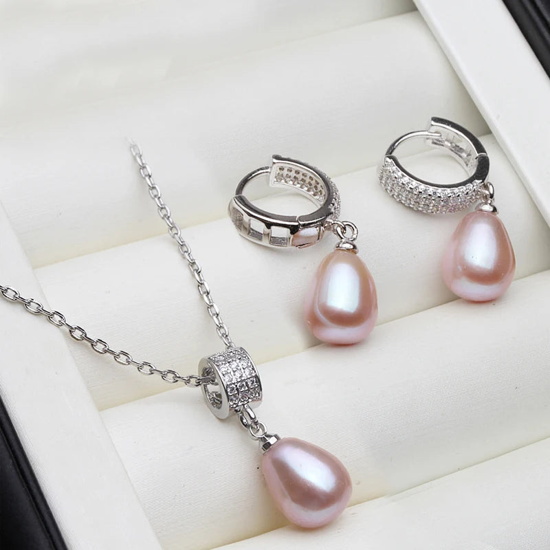 Natural Freshwater Pearl Necklace And Earrings Set Woman,Luxury 925 Silver Pearl Jewelry Set Wife Mother Birthday Gift White