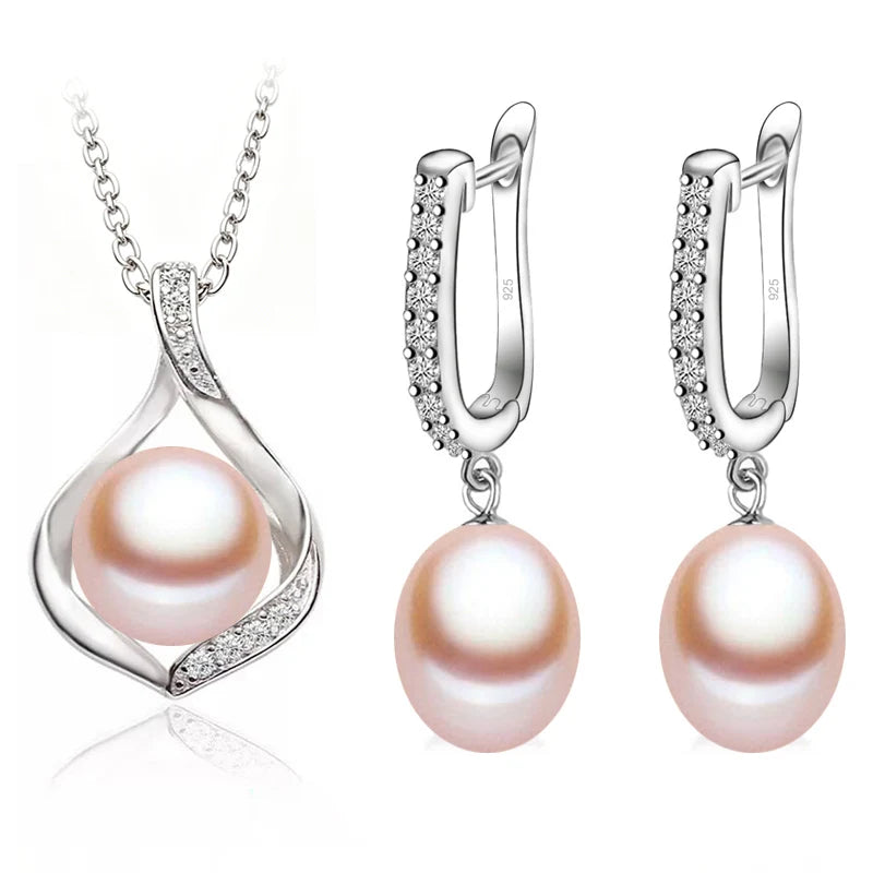 Real Natural Freshwater Pearl Necklace and Earrings Set For Women,Cute 925 Sterling Silver Pearl Jewelry Set Wedding Gift