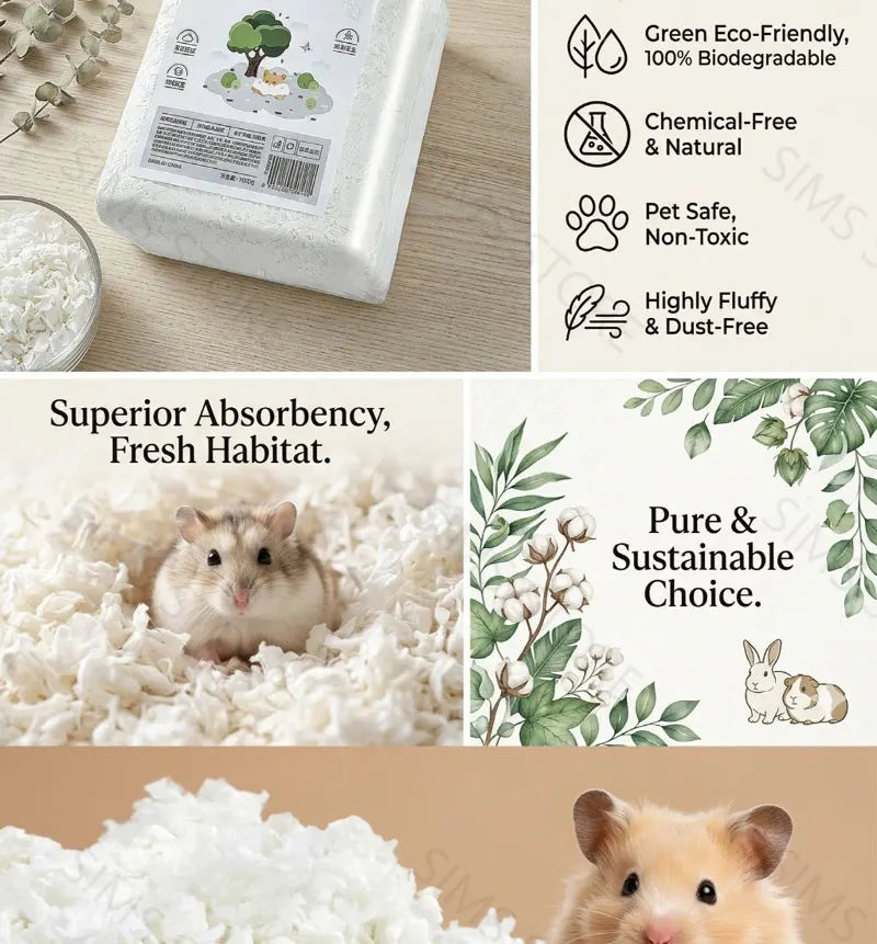 850g Paper Cotton Hamster Bedding Dust-Free Paper Fluff Large Pack Odor Control Super Absorbent Warm Pad for Syrian Hamster