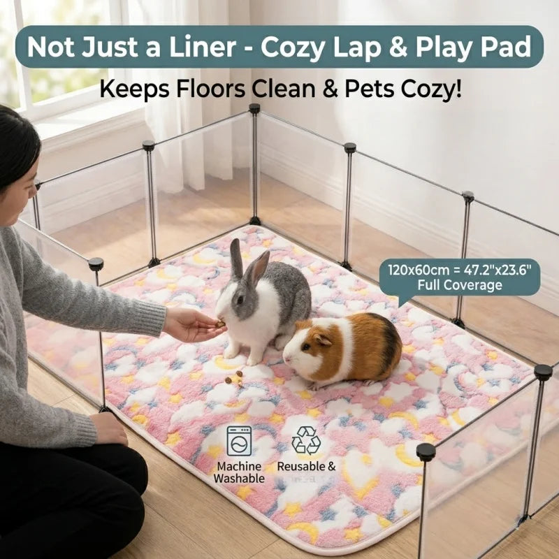 Reusable Small Animal Cage Pad, 47in×24in, Guinea Pig Cage Liner, Reusable Bedding Perfect Fleece Liner for Guinea Pig & Rabbit