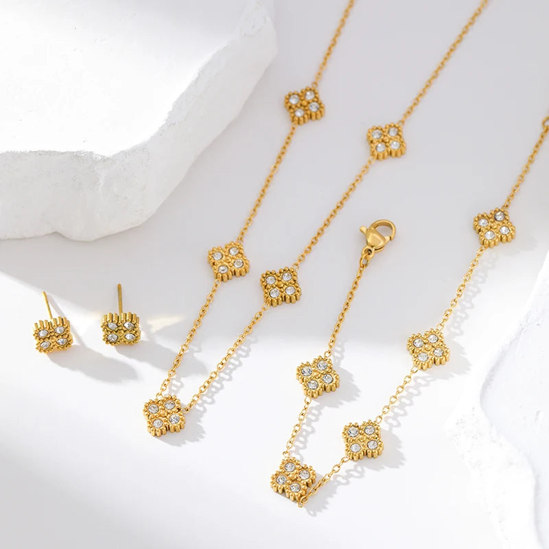 GANEMLY Stainless Steel  Sparkling White Zircon Flower Necklace Bracelet Earrings Set For Women Trendy Waterproof Jewelry Gift