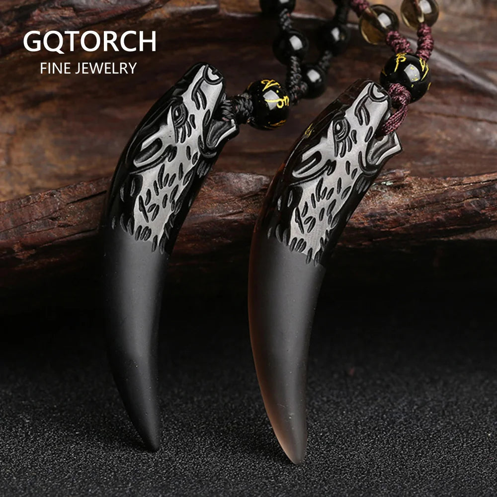 Natural Stone Black And Ice Obsidian Pendant Necklace Wolf Tooth Amulets And Talismans Couple Necklace For Women And Men