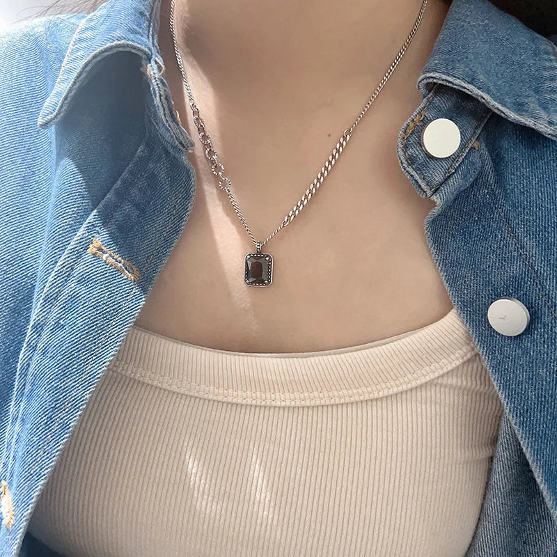 925 Sterling Silver Necklace Black Beads Square Irregular Punk Geometric for Women Girl Jewelry Gift Dropshipping Wholesale