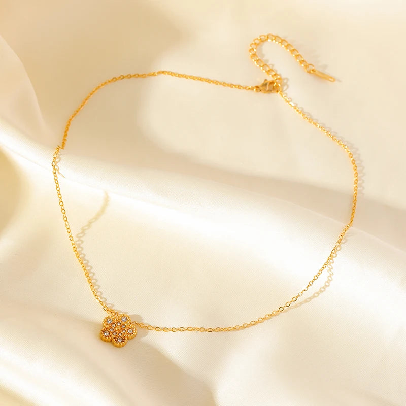 EILIECK New Fashion Stainless Steel White Zircon Clover Necklace Bracelet Earrings Set For Women Trendy Flower Jewelry Set Gift