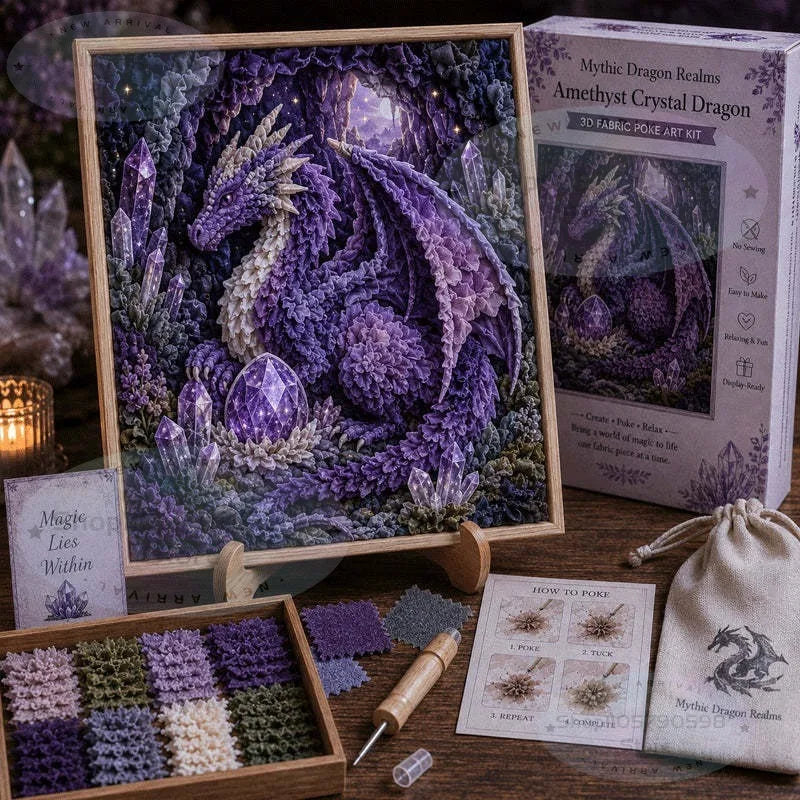 Mythic Dragon Realms 3D Fabric Poke Art Kit, DIY Punch Needle Dragon Craft Kit with Wooden Frame, Fantasy Dragon Home Decor