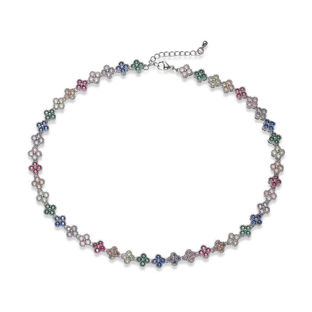 HECHENG, Bijoux Colorful Flower CZ Stone Brass Metal Bracelet/Necklace,Lobster Clasp, Adjustable, Minimalist Romantic Jewelry