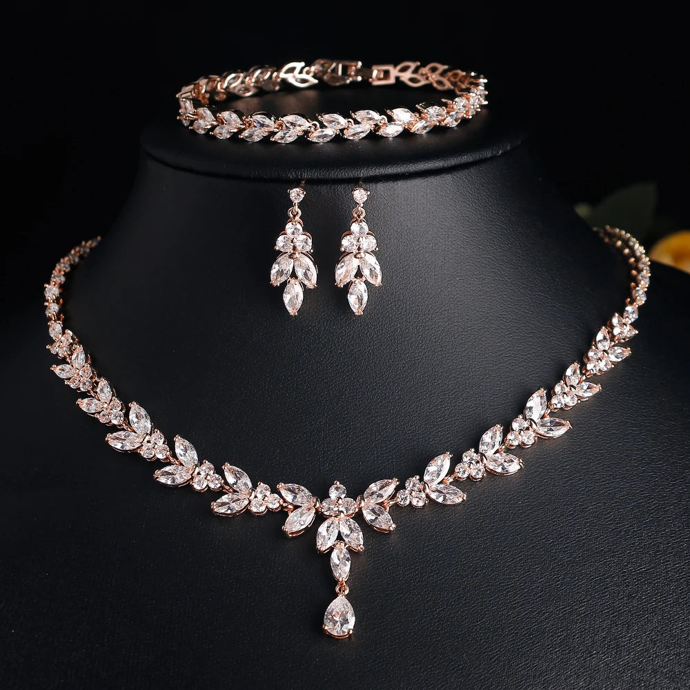 ZAKOL Luxury Brilliant Zirconia Leaf Necklace Earrings Rings Bracelets Set for Women CZ Drop Bridal Wedding Jewelry Sets New