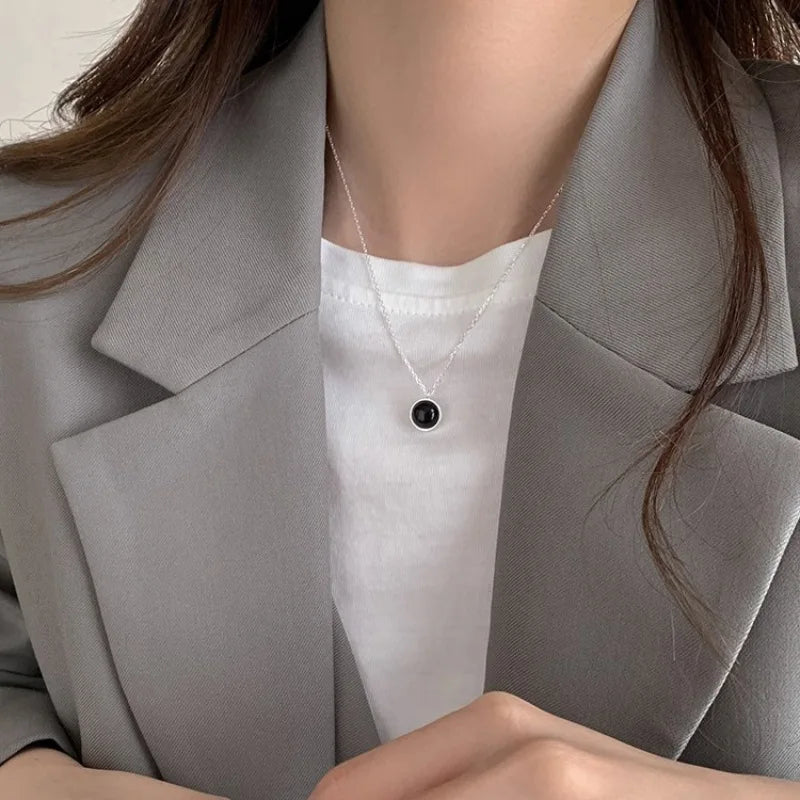 PANJBJ 925 Sterling Silver Onyx Necklace for Women Girl Concise Individuality Fashion Jewelry Birthday Gift Dropshipping