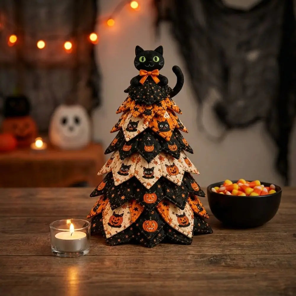 Vintage Halloween Quilted Fabric Tree Kit Pumpkin Ghost Black Cat Spider DIY Patchwork Tabletop Tree Set Tree Ornament 3D Thick