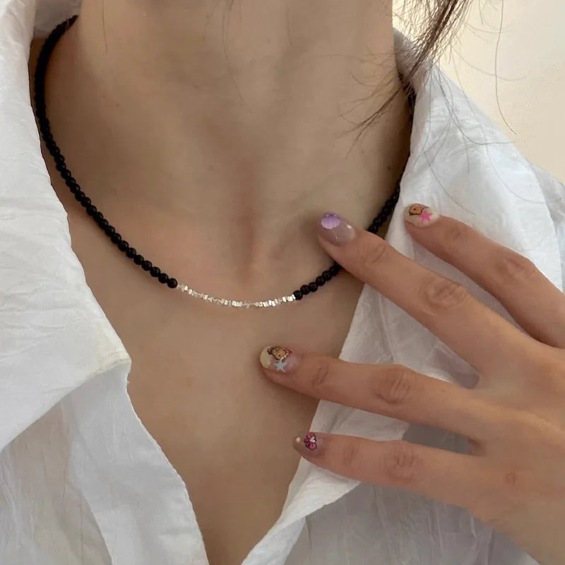 925 Sterling Silver Necklace Black Beads Square Irregular Punk Geometric for Women Girl Jewelry Gift Dropshipping Wholesale
