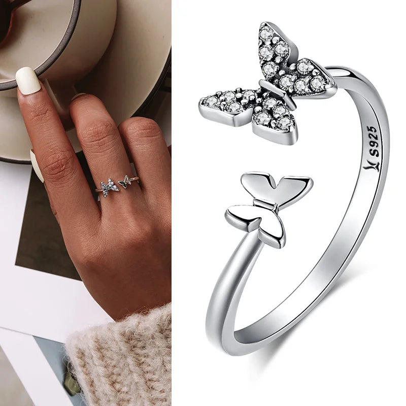 WOSTU Real 925 Sterling Silver Open Ring Finger Adjustable Size Wedding Rings For Women Engagement Fashion Silver Jewelry Gift