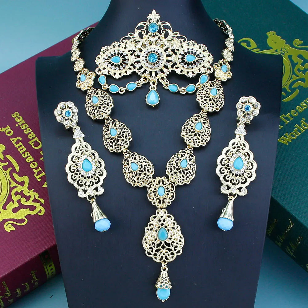 Sunspicems Chic Arabic Bride Jewelry Sets For Women Gold Color Crystal Morocco Belt Necklace Caftan Brooch Earring Muslim Sets