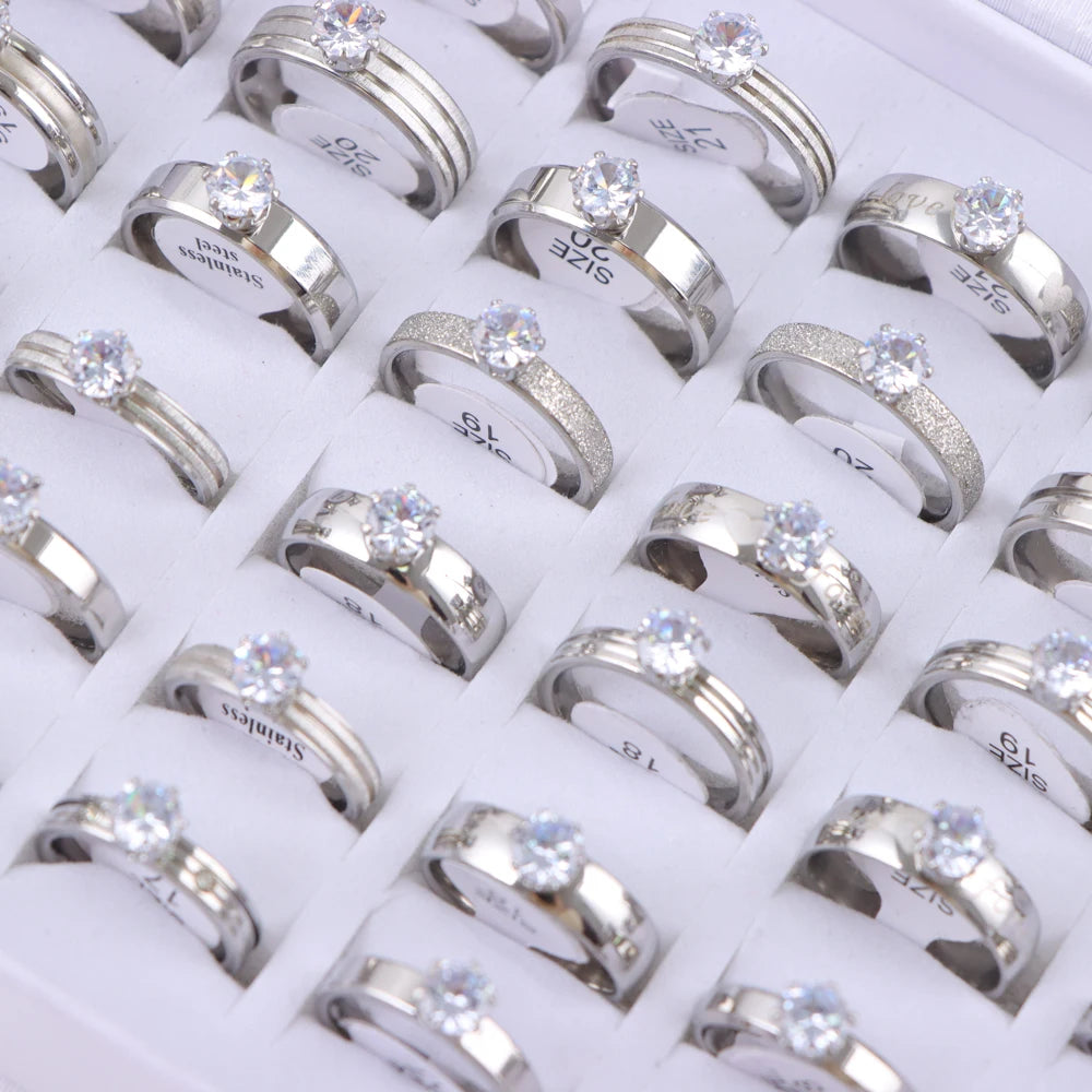 10/20/30/50Pcs/Lot Fashion Elegant Inlaid Stainless Steel Ring With Rhinestone High-end Women's Proposal Engagement Jewelry Gift