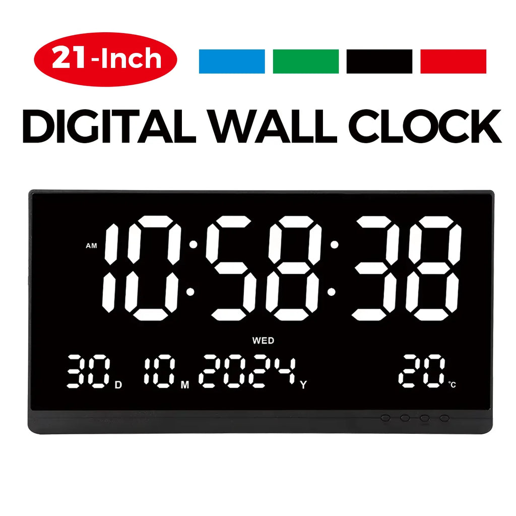 21'' Large Digital Wall Clock Date Calendar 12/24H Time/Date/Week/Temperature Display USB Powered Electronic LED Alarm Clock