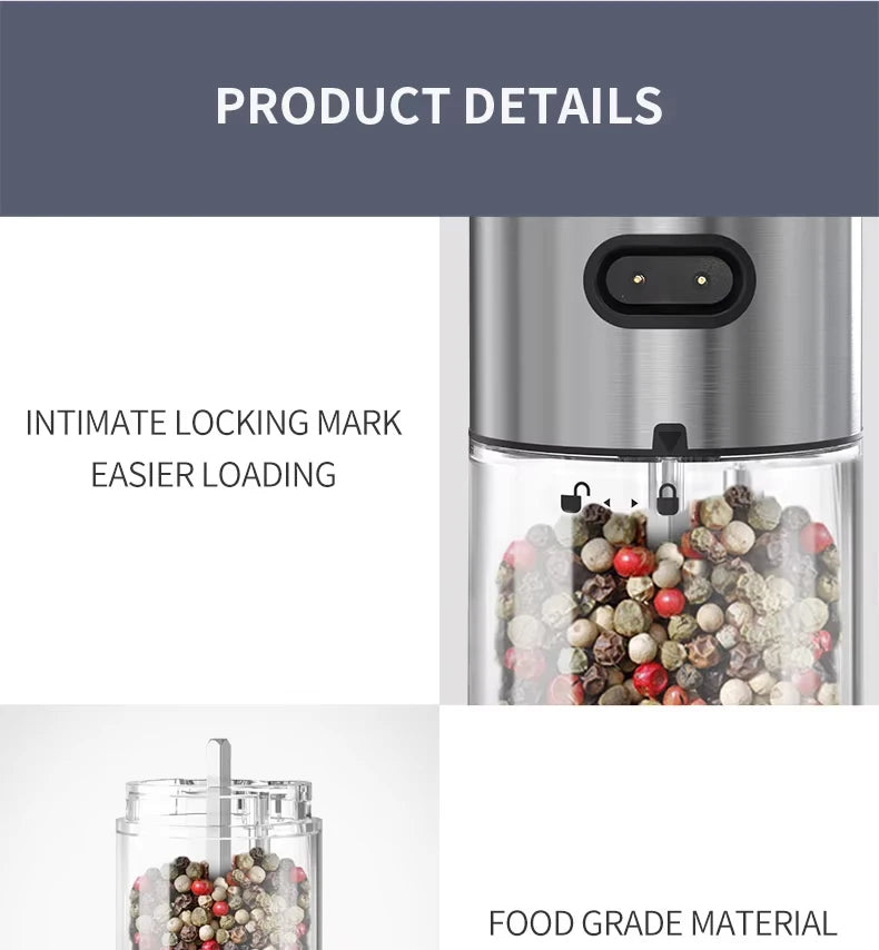 1/2Pcs Electric Salt and Pepper Grinders Set Capacity 190ML USB Rechargeable Base Adjustable Coarseness Spice Mill Kitchen Tools