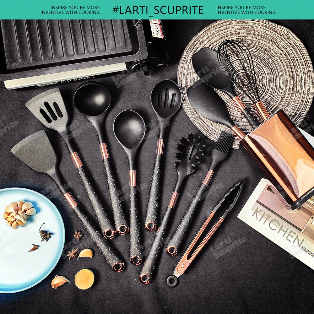 Gold Plated Handle Silicone Cooking Utensils Set Kitchen Non-stick Tool Gadgets BPA FREE Kitchenware Heat Resistant Spatula Set