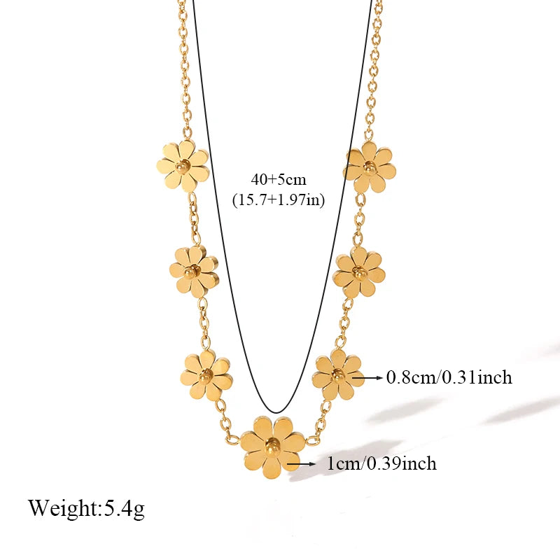 GANEMLY 316L Stainless Steel Daisy Flowers Necklace Earrings Bracelets For Women Fashion Waterproof Jewelry 4-Set Lady Gift