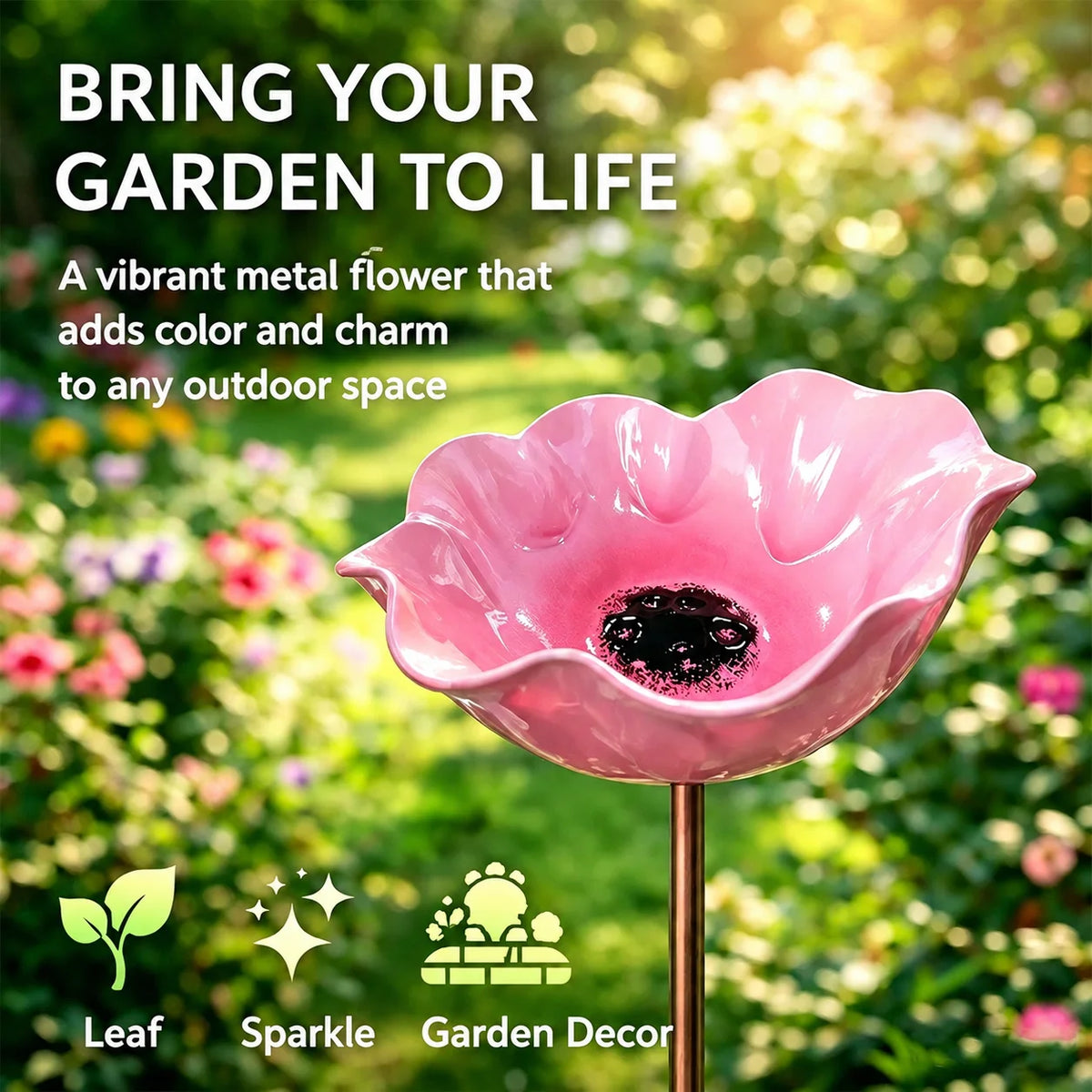 Garden Metal Flower Bird Bath Stake with Copper Bird Water Cleaner Disk Outdoor Yard Bird Water Bowl Bird Feeder Garden Ornament