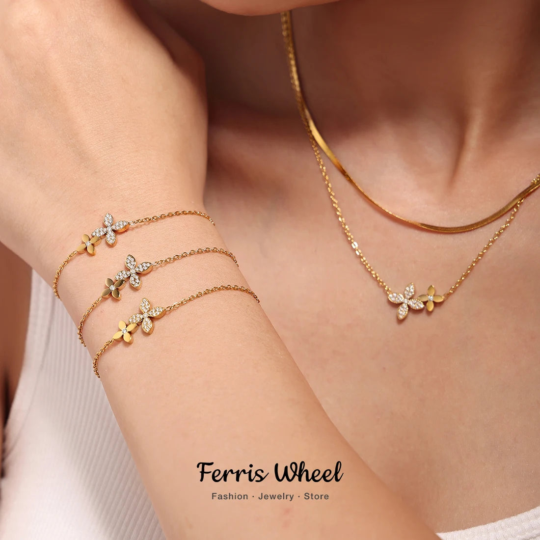 Necklace Bracelet For Women Stainless Steel Zircon Waterproof 4 Petals Flower Pendant Waterproof Chain Charm Jewelry Gift