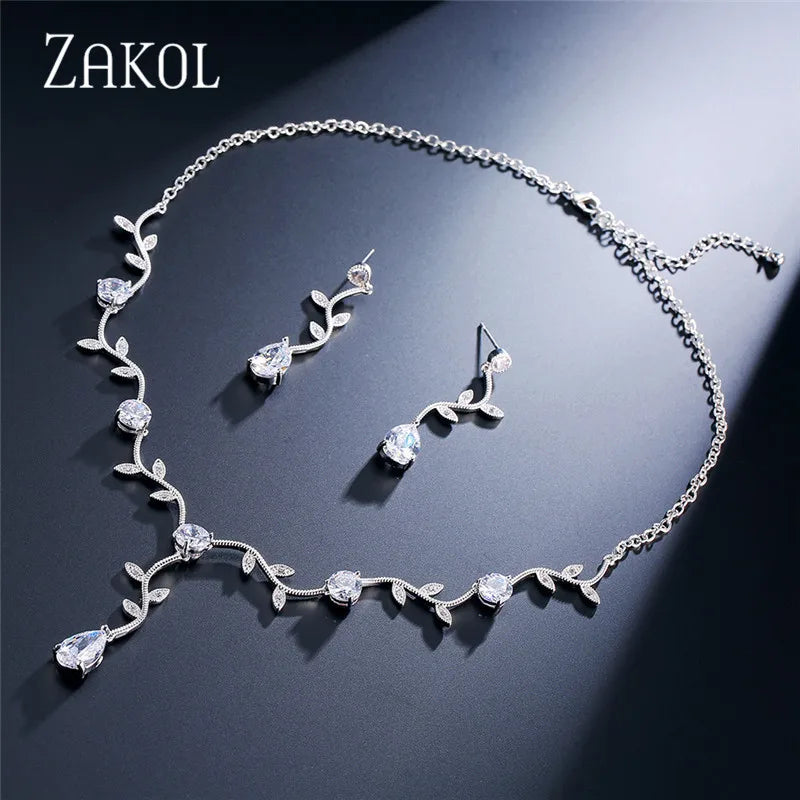 ZAKOL Classic White Rose Gold Color Cubic Zirconia  Bridal Jewelry Sets Leaf Shape Choker Earrings Wedding Dress for Women