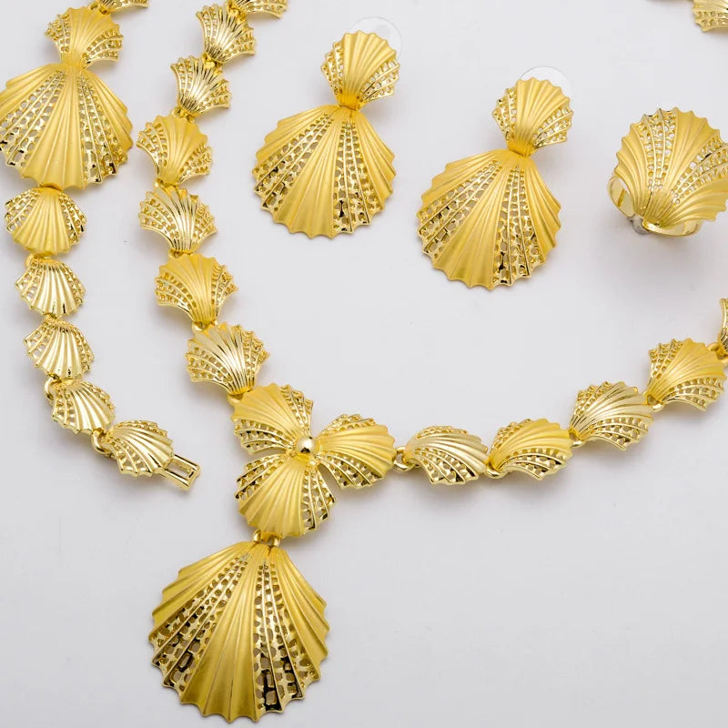 Sunny Jewelry Set Costume Shell Earrings Necklace Bracelet Ring Simple Design Gold Plated For Women Bridal Wedding Party