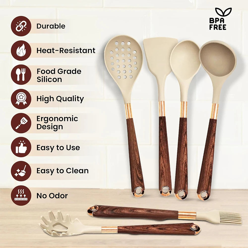 LMETJMA Silicone Kitchen Utensil Set 10 Pcs Cooking Utensil with Utensils Holder Wooden Pattern Handles Nonstick Cookware JT264