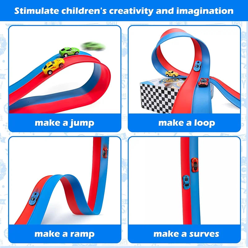 3-Lane Flexible Race Tracks Toy Kid Flex Race Track Vehicle Playsets Compatible 1/64 Cars Portable Roll Up Ramp Tracks Boys Gift