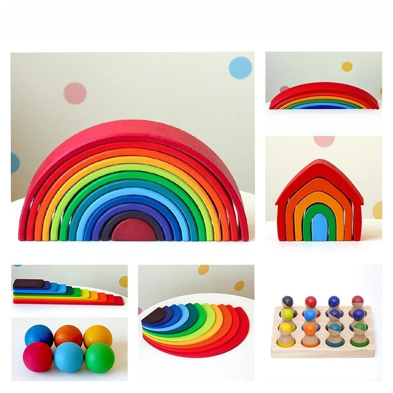 Wooden Rainbow Block Colorful Stacking Building Block Children Open-shaped Creative Building Blocks Montessori Educational Toy