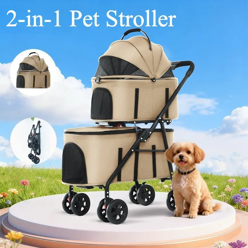 Double Pet Stroller with Detachable Carrier for Medium Small Dogs and Cats Durable Universal Wheels with Brakes Max for 30LBS