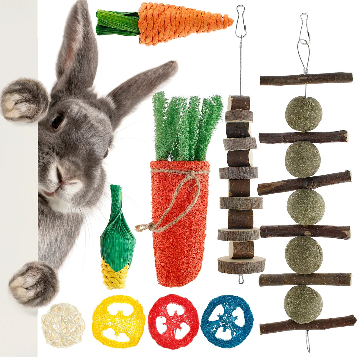 16pcs Small Animal Chew Toys Bundle For Rabbit Bunny Hamster Guinea Chinchillas Tooth Cleaning Molar Grinding Toys Pet Accessori