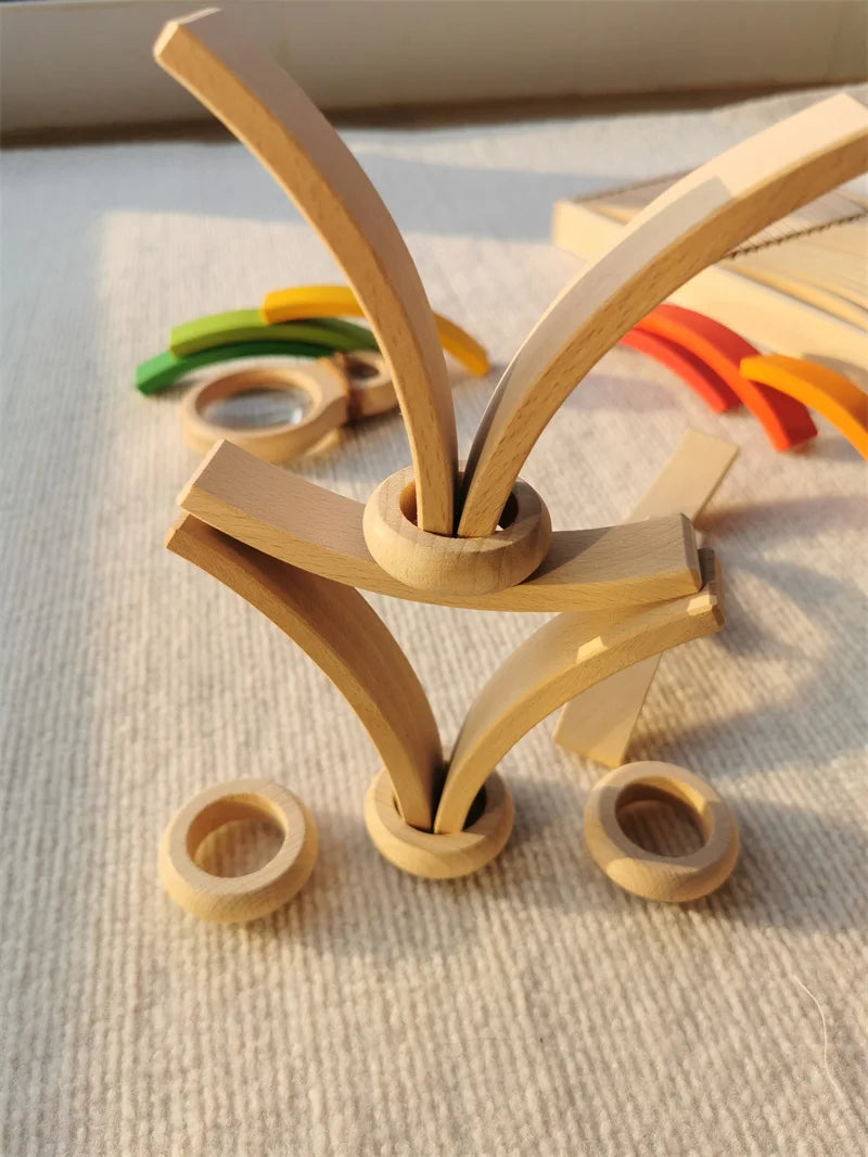 New Beech Wood Arch Stacking Blocks Rainbow Bending Wooden Building Timber Toys Set for Kids Creative Play