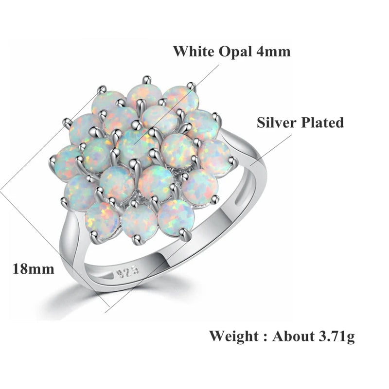 CiNily Luxury White Round Fire Opal Ring 925 Sterling Silver Flower Bloom Plant Big Ring Wedding Party Fashion Jewelry for Women