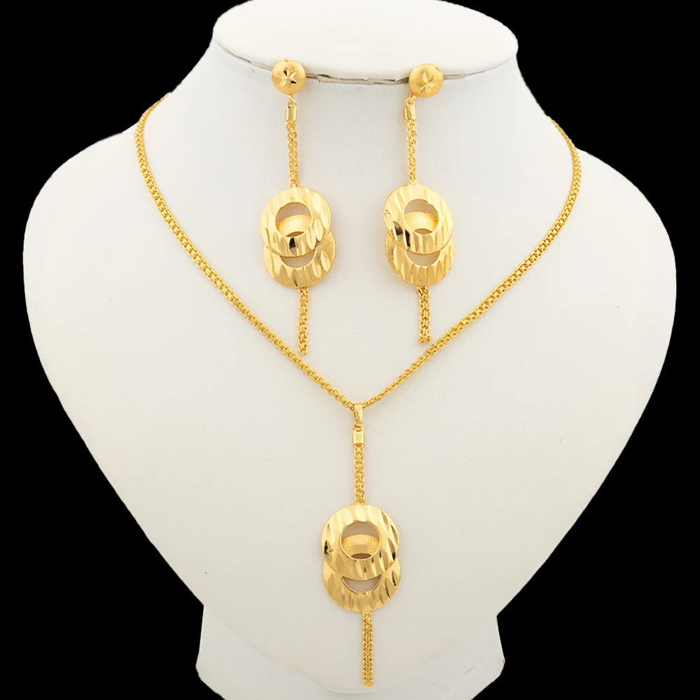 Dubai Gold Color Necklace Jewelry Set for Women Dangle Earrings and Necklace Bridal Weddings Earrings Engagement  Jewellery Gift