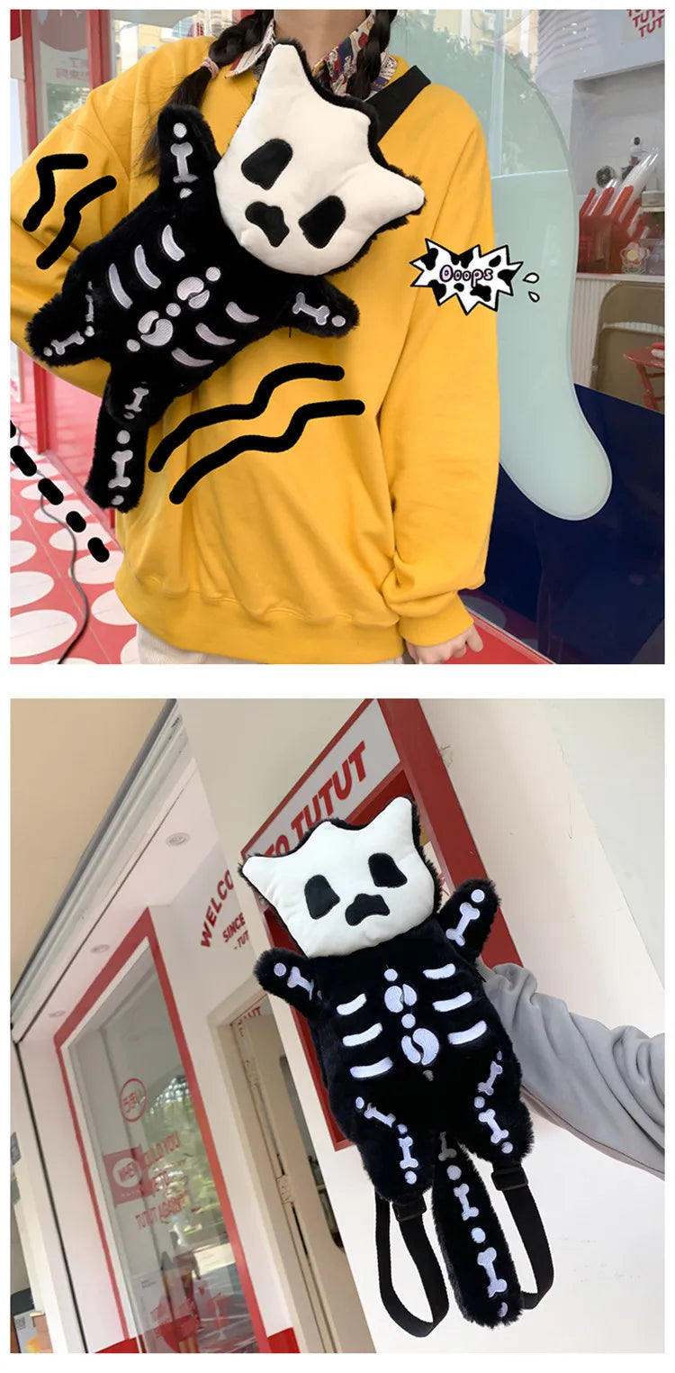 Skull Plush Backpack Gothic Water Bottle Bag Goth Doll Backpack Female Winter Furry Bag Skull Shape Bag Skeleton Birthday Gift