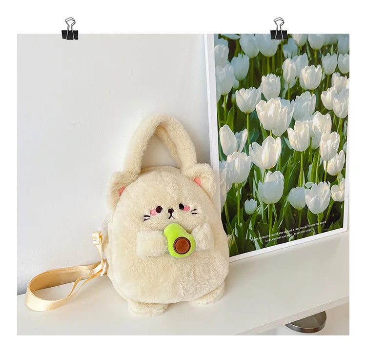 New Rabbit Kitten Plush Toy Backpack Stuffed Animal Rabbit Hold Peach Cat Hold Avocado Portable Shoulder Bag Girl Birthday Gifts