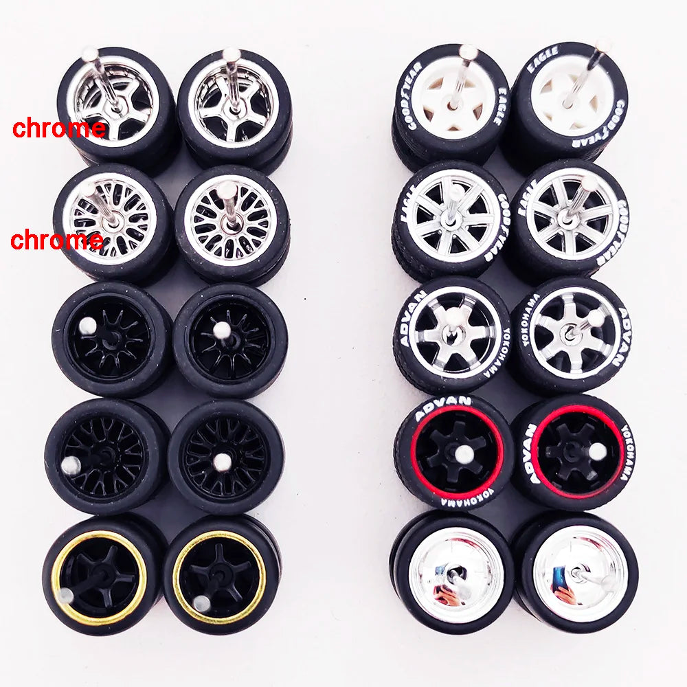 10 Sets 11/12/13/14/17mm 1/64 Alloy Car Wheels Rubber Tires W Axle for HW/Matchbox/Domeka/Evo 1:64 Car Model SUV Off Road Truck
