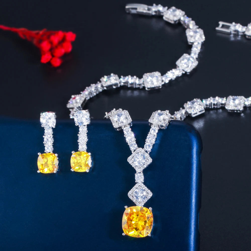 CWWZircons Super Shiny Big Square Yellow Zirconia Wedding Bridal Necklace Earrings Party Costume Jewelry Sets for Women T0726