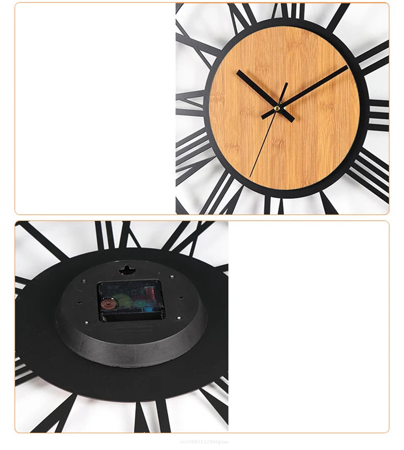 3D Large Wall Clocks Nordic Roman Numerals Retro Round Wood Metal Iron Accurate Silent Hanging Ornament Living Room Decoration