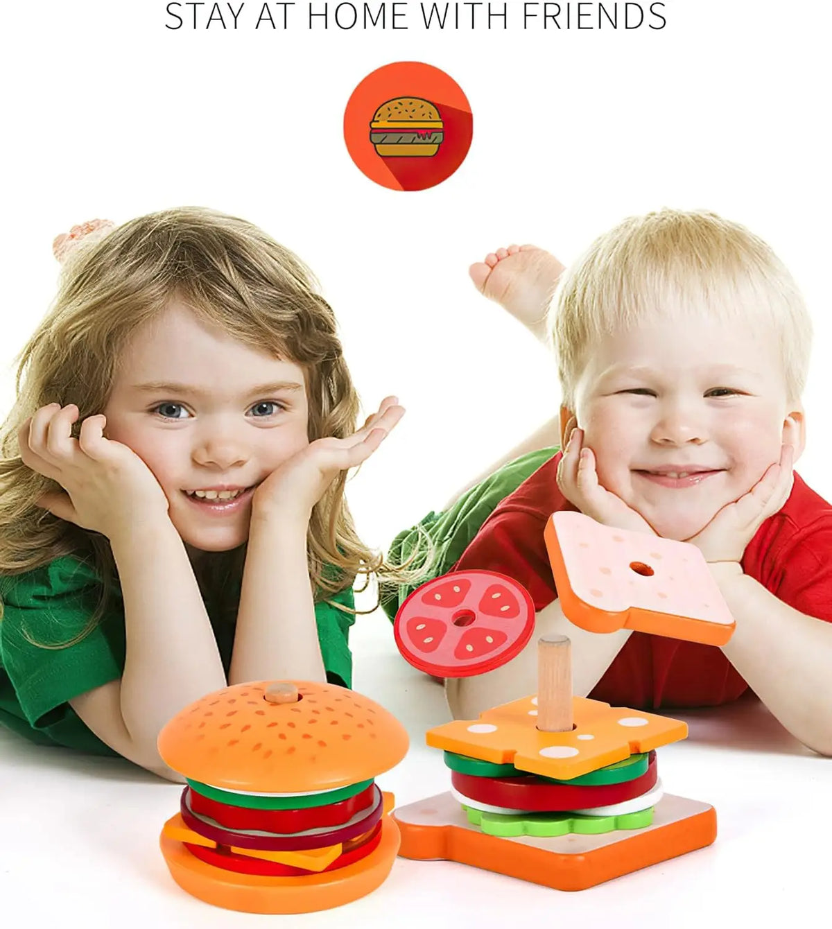 Todders Montessori Toy Wooden Hamburger Sandwich French Fries Sorting Stacking Toys Pretend Play Food Toy Kid Role Playing Games