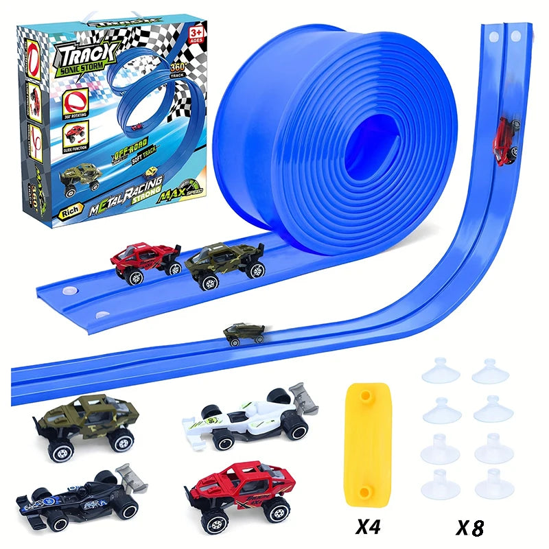 DIY Dual Flexible Track Car Racing Set with 498cm PVC Soft Race Track and 4 Sliding Cars Educational Toys Gift for Children Game