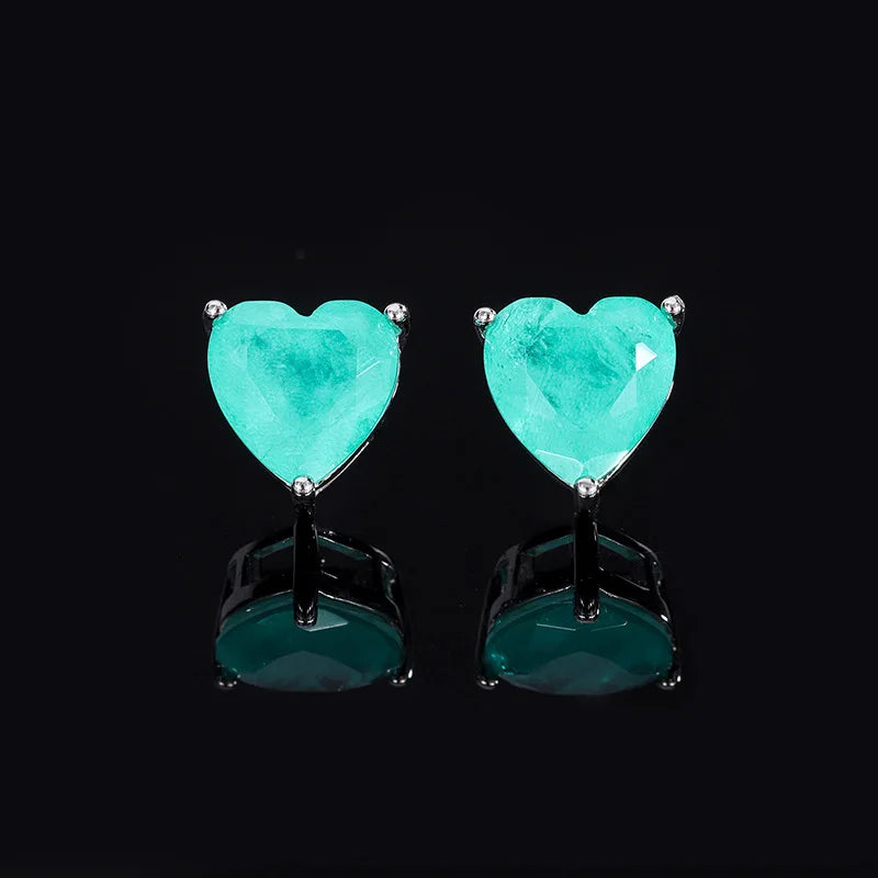 925 Sterling Silver Paraiba Emerald Simple Heart Necklace Earrings for Women Girls Vintage Tourmaline Gemstone Part Jewelry Set