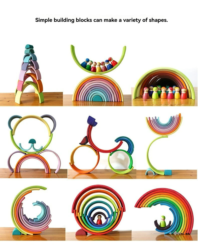 Wooden Rainbow Block Colorful Stacking Building Block Children Open-shaped Creative Building Blocks Montessori Educational Toy