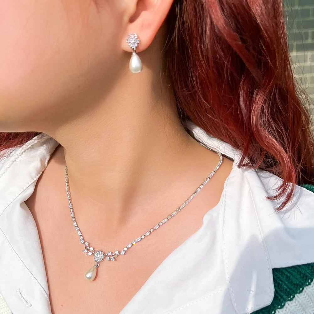 ThreeGraces Shining Cubic Zirconia Silver Color Simulated Pearl Earrings Necklace Fashion Flower CZ Jewelry Set for Women TZ839